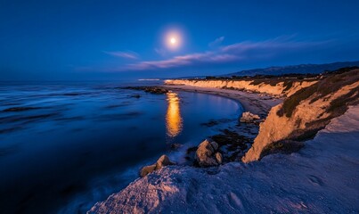 Wall Mural - Moonlit coastal vista with cliffside glow and ocean reflection