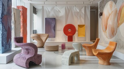 Leinwandbilder - A collection of modern furniture pieces in an art gallery setting showcases vibrant colors and abstract designs, inviting visitors to appreciate contemporary craftsmanship and creativity.