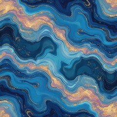Poster - Seamless wavy texture with blue iridescent glass, gold glitters. Abstract liquid background. Marble holographic metallic foil effect. Three-dimensional soft, sharpened image. Crystal decoration