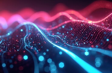 Poster - Abstract futuristic background with pink blue glowing neon moving high speed wave lines. Data transfer concept. Fantastic wallpaper design. Tech, digital motion, dynamic energy backdrop, colourful