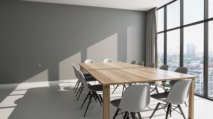 Aufkleber - Soft sunlight gradually filtering through large windows, revealing minimalist conference room's wooden table and gray chairs, casting elegant dynamic shadows in slow motion progression