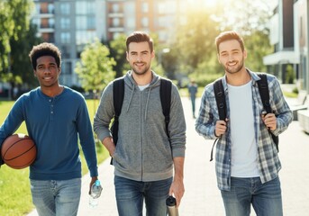 Three young men walking together, one holding a basketball, enjoying a sunny day