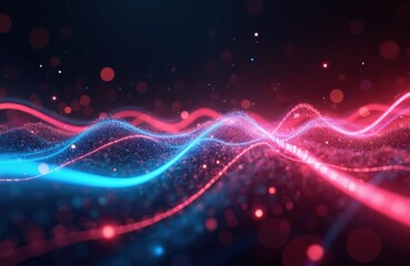 Aufkleber - Abstract futuristic background with pink blue glowing neon moving high speed wave lines, bokeh lights. Data transfer concept. Fantastic wallpaper, Ai generative digital art, backdrop design.