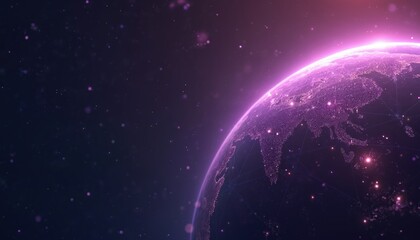 Fototapete - Abstract tech cosmos background features purple Earth planet. Design emphasizes universe galaxy concept. Stars, space dust, neon light connections, network lines for cyberspace metaverse background.