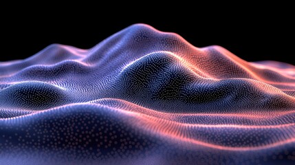 Abstract data wave landscape, glowing particles, dark background, digital art, tech concept