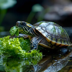 Glowing Turtle Slowly Eating Lettuce in Serene Pond with Reflective Shell