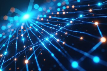 Wall Mural - abstract visualization of a complex digital network with glowing blue and orange nodes representing 