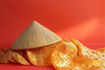 A Vietnamese conical hat (nón lá) resting on a silk ao dai dress, isolated on a solid color background.