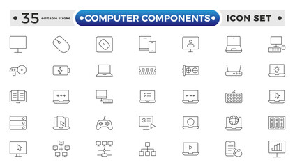 Computer components icon set. Contains online, computer, network, website, server, web design, hardware, software, and programming. Editable stroke outline icon. 
