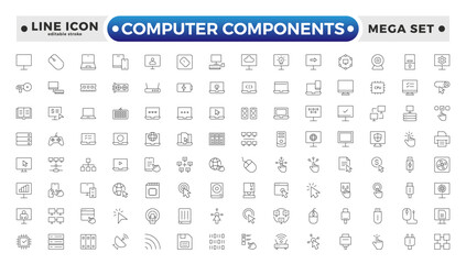 Computer components icon set. Contains online, computer, network, website, server, web design, hardware, software, and programming. Editable stroke outline icon. 
