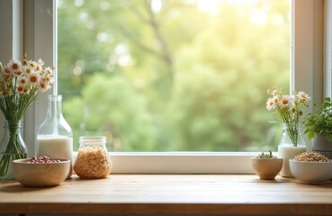 Wooden table with beans, cereals, daisies, plant, milk by bright kitchen window. Natural food ingredients, rustic vintage bottles with beverage on bleached countertop. Healthy vegetarian lifestyle