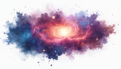 Wall Mural - watercolor illustration of bright colorful cosmic nebula with radiant stars on transparent backgroun