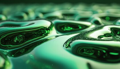 Poster - Liquid metal chrome trippy surface with wave patterns. Green glossy fluid texture for wallpaper futuristic design projects. Autostereogram optical illusion with light reflections. Great background