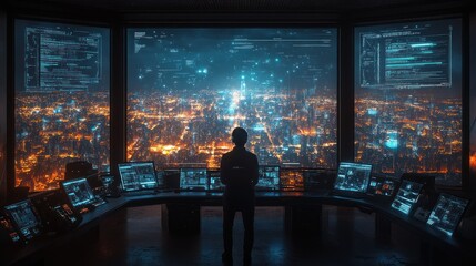 Night City Surveillance: A lone figure monitors a sprawling metropolis from a high-tech control center, overseeing the city's intricate network of data and light.