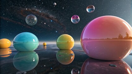 Wall Mural - Abstract digital art featuring colorful, reflective spheres scattered on a dark surface, set against a backdrop of stars and nebulae, creating a sense of otherworldly beauty