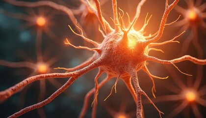 Poster - Illustration of neuron cells sending electric signals in brain for neural activities. Orange glowing nerve cells form network anatomy for nervous system, neurology, medicals, neuroscience, brain