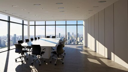 Poster - Soft sunlight gradually sweeping across sleek conference room, casting dynamic shadows while illuminating contemporary workspace with urban skyline backdrop