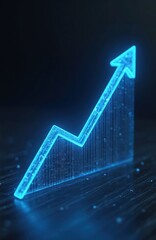 Leinwandbilder - Illustration of upward trend line graph. Business, investment and finance concept. Blue neon glow on dark background. Stock market growth, analysis data with financial money rise.