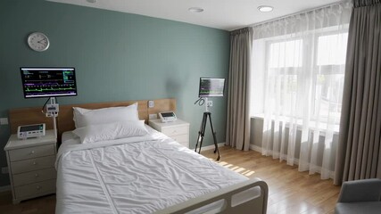 Aufkleber - Sunlight illuminates an empty, modern hospital room featuring a bed, medical monitors, and intravenous drip stand, presented in a slow motion sequence