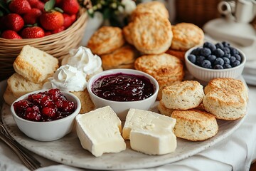 Wall Mural - Scones with fruit cheese and whipped cream arranged on a large platter A delicious sweet and savory breakfast spread or afternoon tea