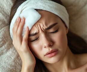 Young caucasian female experiencing headache with towel on forehead