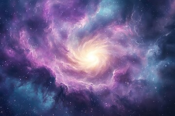Wall Mural - a serene watercolor galaxy swirling with ethereal purples and teals, delicate nebulae patterns floating through misty cosmic clouds, celestial light radiating from the center