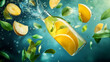 © bitano - Yellow leaves floating on water and blue background with a touch of nature and freshness