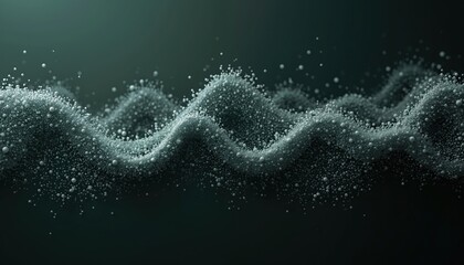 Fototapete - Illustration of flowing wavy surface formed from shimmering small spheres. Visualization of data flow, futuristic tech, sound wave concept, cosmic fractal structure, blurred bokeh background. Black,