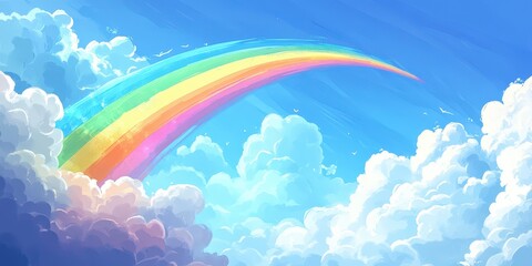 a radiant rainbow arcs across a deep blue sky dotted with fluffy white clouds, casting vibrant hues 