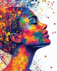 Wall Mural - Vibrant Abstract Illustration of a Joyful Female Head with Explosive Paint Splatter and Colorful Artistic Expression Promoting Mental Health and Self Care