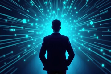 Wall Mural - a solo businessman stands in front of a dynamic light display, representing innovation and future te