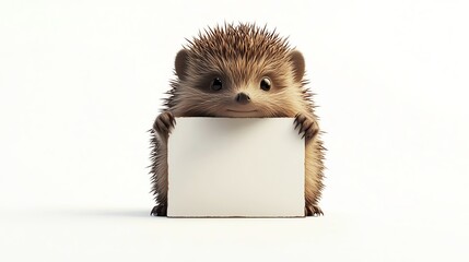 A tiny hedgehog gripping a small blank sign, adorable and spiky, detailed textures, photorealistic, isolated on white background