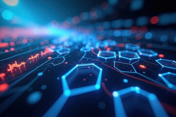 Wall Mural - a close-up perspective of an abstract digital network with interconnected hexagonal shapes in blue a