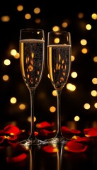 Wall Mural - Champagne Glasses, Romantic Evening Celebration with Glowing Bokeh lights, Red Petals, Anniversary