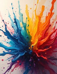 Poster - Synchronised colorful paint splashes illustration on canvas. Vibrant realistic color grouping blue, yellow, orange, red tones. Abstract modern vivid art for background, print, design, decoration
