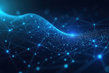 Wall Mural - abstract digital network with glowing blue nodes and wave effects representing connectivity and data