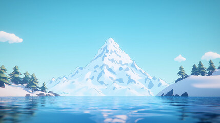 Winter Wonderland: A breathtaking landscape featuring a snow-capped mountain reflecting serenely on a crystal-clear lake, framed by snow-covered trees, and a vibrant sky. 