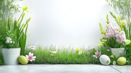 Wall Mural - Decorated easter eggs in the grass isolated on white