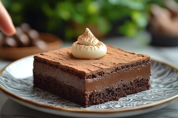 Decadent chocolate dessert with cream topping and cocoa powder dusting served on a decorative plate inviting indulgence