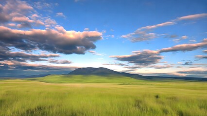 Wall Mural - The Dreamy Sky above the Prairie  The vast green prairie stretches into the distance, meeting the rolling mountains. The sky above is a deep blue, dotted with clouds of various shapes.