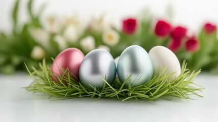 Wall Mural - Decorated easter eggs in the grass isolated on white