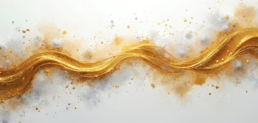 Poster - This abstract illustration features gold fluid wave line, white smoky clouds. Shiny golden flow is on bright white background with metal splash texture and glitter particles. Luxury elegant template.