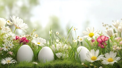 Wall Mural - Easter eggs, grass and wild flowers border on white background