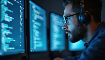 Fototapete - Cybersecurity analyst reviews code on multiple monitors in modern SOC. Close-up on security engineer with headphones, glasses analyzing data. He is focused on digital protection and threat detection.