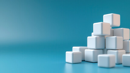 Leinwandbilder - stack of white 3D cubes is arranged on smooth blue surface, creating minimalist and balanced composition. cubes glossy texture contrasts with matte background, enhancing visual appeal
