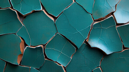 Fototapete - Aged ceramic tiles with cracked edges form abstract pattern, showcasing rich teal color and intricate texture. missing edges add unique, artistic touch to composition