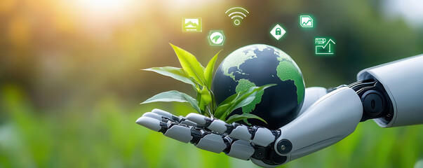 Aufkleber - robotic hand gently cradles vibrant Earth with green leaves, symbolizing technology role in environmental sustainability. Icons above represent connectivity and eco friendly solutions