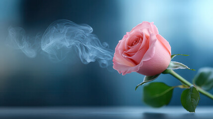 Poster - delicate pink rose emits ethereal smoke tendrils against soft blue background, creating surreal and artistic atmosphere