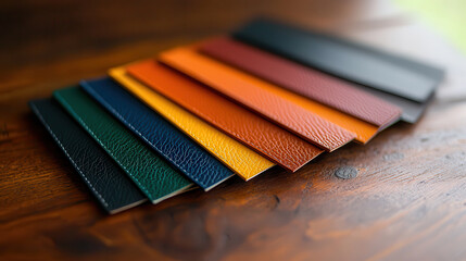 Poster - close up of professional color palette with textured leather swatches in various shades, neatly arranged on wooden surface, showcasing vibrant and rich colors