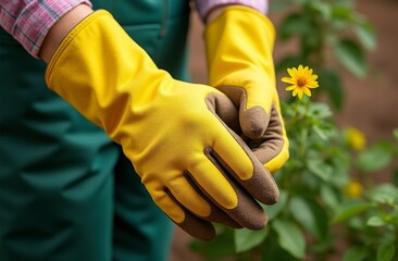 Close-up of hands wearing yellow gardening gloves carefully holding a small blooming yellow flower, symbolizing care and nature